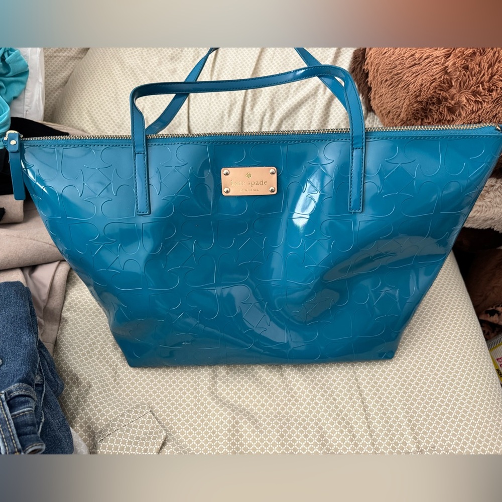 Kate Spade Blue Glossy Tote Bag with Structured Design